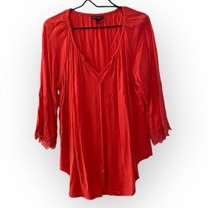 Cable and Gauge Blood Orange Tie V Neck Blouse with Lace Trim Sleeves Large